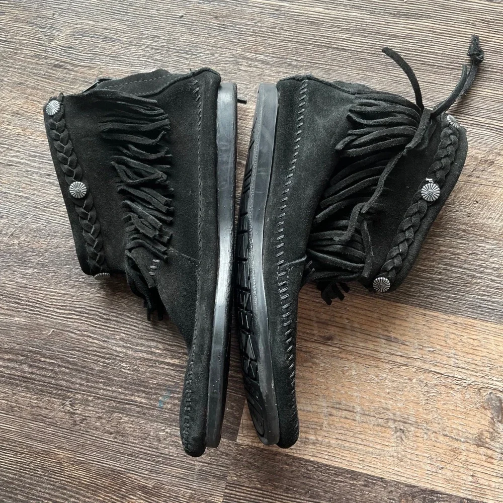 Moccasin Ankle Boots Black Suede‎ Fringe Detail Western Style
